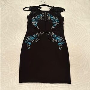 Elegant Black Dress with Blue Floral Embroidery